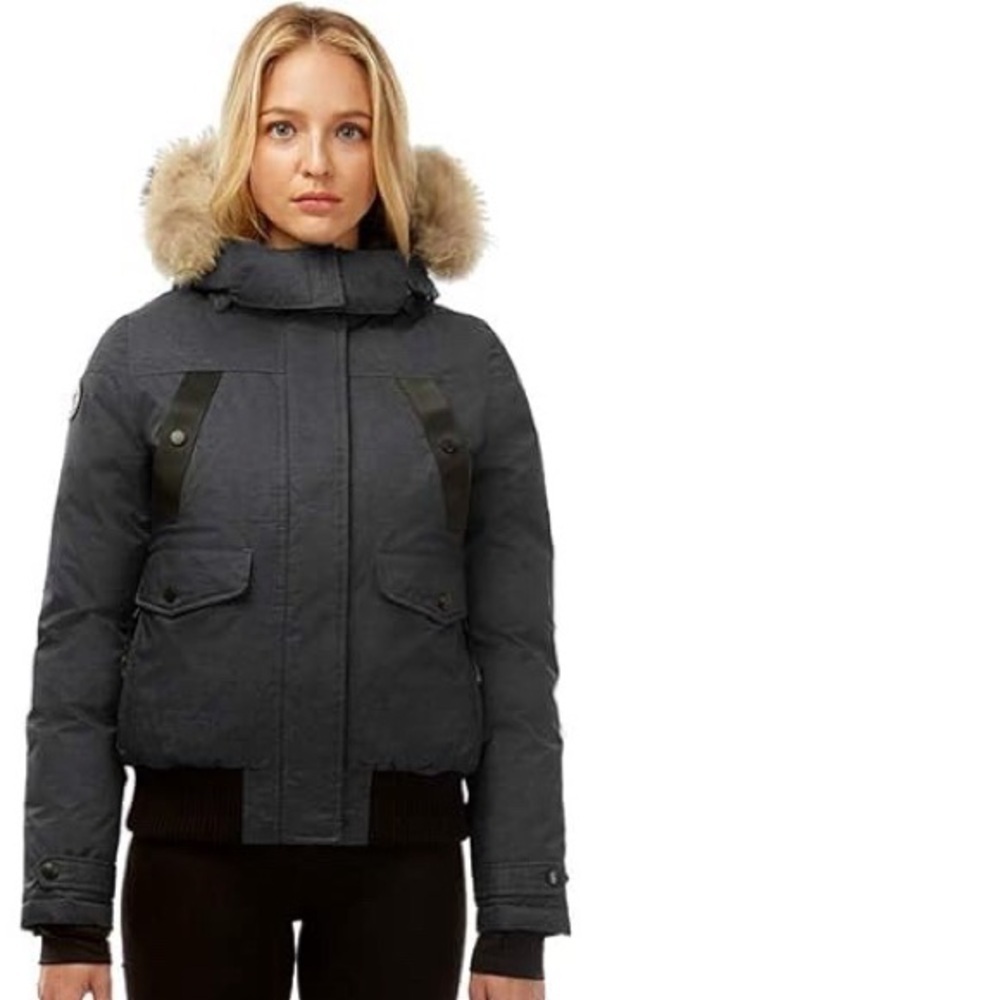 New Triple Fat Goose THE NORDEN Arctic Black Bomber Coyote Fur Jacket Womens M